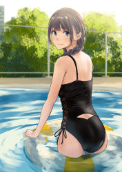 Rule 34 | ass, bare arms, bare shoulders, black one-piece swimsuit, black ribbon, braid, brown hair, casual one-piece swimsuit, closed mouth, cowboy shot, day, fence, highres, hiwatari rin, innertube, long hair, one-piece swimsuit, original, outdoors, pool, ribbon, smile, solo, sunlight, swim ring, swimsuit, twin braids, water