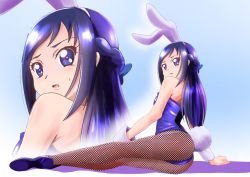 Rule 34 | 1girl, absurdres, animal ears, ass, blue background, blue leotard, blush, bow, bowtie, detached collar, dokidoki! precure, embarrassed, fake animal ears, fake tail, fishnet pantyhose, fishnets, gradient background, high heels, highleg, highleg leotard, highres, hishikawa rikka, leotard, looking at viewer, open mouth, pantyhose, playboy bunny, precure, rabbit ears, rabbit tail, shadow, solo, strapless, strapless leotard, tail, tirofinire, traditional bowtie, wrist cuffs, zoom layer