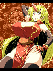 Rule 34 | 1girl, blonde hair, breasts, china dress, chinese clothes, cleavage, cleavage cutout, clothing cutout, dress, elbow gloves, covered erect nipples, female focus, gloves, horns, hoshiguma yuugi, huge breasts, long hair, no panties, red eyes, regls, single horn, solo, thighhighs, touhou