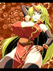 1girl blonde_hair breasts china_dress chinese_clothes cleavage cleavage_cutout clothing_cutout dress elbow_gloves covered_erect_nipples female_focus gloves horns hoshiguma_yuugi huge_breasts long_hair no_panties red_eyes regls single_horn solo thighhighs touhou