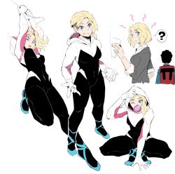 Rule 34 | 1boy, 1girl, ?, animification, arms up, back, bag, black bodysuit, black hair, blonde hair, blue eyes, blue footwear, blue jacket, bodysuit, breasts, collared jacket, collared shirt, commentary request, dark-skinned male, dark skin, full body, grey jacket, gwen stacy, hand up, hands up, highres, holding, holding paper, hood, hooded bodysuit, jacket, leg up, long sleeves, looking at viewer, looking down, looking up, marvel, medium breasts, miles morales, multicolored bodysuit, multicolored clothes, nexas, one eye closed, open mouth, paper, pink bodysuit, red bag, shirt, shoes, short hair, simple background, smile, speech bubble, spider-gwen, spider-man: into the spider-verse, spider-man (series), spider-verse, spider web print, spread legs, standing, teeth, tongue, white background, white bodysuit, white shirt
