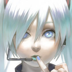 Rule 34 | 1girl, bad id, bad pixiv id, blue eyes, blue lips, esukee, face, finger to mouth, hair between eyes, hair over one eye, hatsune miku, headset, lipstick, lowres, makeup, nail polish, pinky out, realistic, silver hair, solo, vocaloid