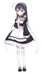 Rule 34 | 10s, 1girl, ahoge, alternate costume, apron, black hair, enmaided, female focus, full body, hairband, highres, kantai collection, long hair, looking at viewer, maid, maid apron, mary janes, pantyhose, ribbon, shoes, simple background, solo, transistor, ushio (kancolle), white background, white pantyhose, yellow eyes