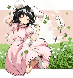 Rule 34 | 1girl, animal ears, arm behind head, black hair, blush, closed eyes, clover, dress, field, flower request, four-leaf clover, full body, hands up, highres, inaba tewi, jewelry, jumping, kaigen 1025, necklace, open mouth, puffy short sleeves, puffy sleeves, rabbit ears, rabbit girl, rabbit tail, short hair, short sleeves, smile, socks, solo, tail, touhou
