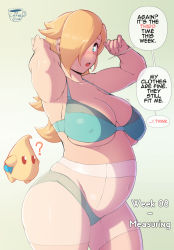 Rule 34 | 1girl, ?, artist name, blonde hair, blue eyes, blush, bra, breasts, cleavage, coffeeslice, collarbone, cowboy shot, curvy, english text, female focus, from side, groin, highres, huge breasts, large breasts, long hair, looking at viewer, luma (mario), mario (series), maternity underwear, navel, nintendo, panties, pantyhose, plump, pregnant, rosalina, sidelocks, signature, simple background, skindentation, speech bubble, standing, super mario galaxy, thick thighs, thighs, underwear, wide hips
