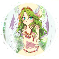 Rule 34 | 1girl, ahoge, angel wings, aqua eyes, blush, bracelet, closed mouth, commentary request, dress, elona, eyebrows, eyelashes, feathered wings, feathers, fingernails, gameplay mechanics, gem, green hair, hair between eyes, hair intakes, hat, head wings, jewelry, jure of healing, lace, lace-trimmed sleeves, lace trim, lips, long fingernails, long hair, long sleeves, looking at viewer, mocchan (niconico), multicolored hair, orange hair, pink lips, red ribbon, ribbon, ribbon-trimmed clothes, ribbon-trimmed dress, ribbon trim, solo, sparkle, streaked hair, tears, two-tone hair, upper body, wavy hair, white wings, wings, x arms, yellow dress, yellow hat