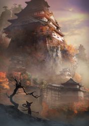 Rule 34 | 1girl, absurdres, architecture, autumn leaves, bare tree, building, castle, commentary request, couldoh, east asian architecture, fog, hagoromo, hat, highres, hoe, japanese clothes, kimono, mountain, outdoors, pagoda, railing, red kimono, rice hat, sakuna-hime, scenery, shawl, sky, solo, tensui no sakuna-hime, tree