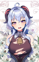 Rule 34 | 1girl, ahoge, artist name, bare shoulders, bell, blue hair, blush, bow, breasts, breasts apart, detached sleeves, flower, ganyu (genshin impact), genshin impact, gold trim, horns, long hair, looking at viewer, medium breasts, neck bell, open mouth, purple eyes, sidelocks, smile, solo, tempy (rinsia), torn clothes, upper body, white flower, white sleeves