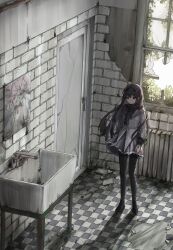 Rule 34 | 1girl, akemi homura, bathroom, black footwear, black hair, black hairband, boots, brick wall, broken mirror, broken window, capelet, chinese commentary, commentary request, crack, day, dilapidated, door, expressionless, from above, hairband, highres, indoors, jacket, kaname madoka, long hair, mahou shoujo madoka magica, mahou shoujo madoka magica (anime), mirror, mogou (me054567), neck ribbon, overgrown, purple capelet, purple eyes, purple skirt, radiator, ribbon, sink, skirt, solo, standing, thigh boots, tile floor, tiles, white jacket, wide shot, window