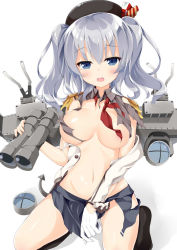 Rule 34 | 10s, 1girl, binoculars, blue eyes, blush, breasts, epaulettes, gloves, hat, kantai collection, kashima (kancolle), large breasts, long hair, looking at viewer, maccha, military, military uniform, open mouth, silver hair, solo, torn clothes, twintails, uniform, wavy hair