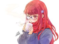 Rule 34 | 1girl, alternate costume, blue-framed eyewear, blue sweater, blush, breath, commentary request, cup, dated, fingernails, glasses, hair ornament, highres, holding, holding cup, long hair, long sleeves, mug, parted lips, persona, persona 5, persona 5 the royal, qoo1234, red eyes, red hair, scarf, signature, simple background, sweater, white background, yoshizawa sumire