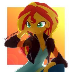 Rule 34 | 1girl, betovickers, colored skin, green eyes, hand on own cheek, hand on own face, jacket, leather, leather jacket, multicolored hair, my little pony, my little pony: equestria girls, my little pony: friendship is magic, red hair, simple background, streaked hair, sunset shimmer, tagme