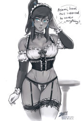Rule 34 | 1girl, ?, artist name, avatar legends, bare shoulders, blue eyes, blush, breasts, choker, cleavage, cowboy shot, detached sleeves, english text, garter straps, greyscale, hair between eyes, iahfy, korra, large breasts, maid, maid headdress, midriff, monochrome, navel, open mouth, panties, patreon username, ponytail, simple background, solo, speech bubble, teeth, the legend of korra, thighhighs, tongue, twitter username, underwear, watermark, white background