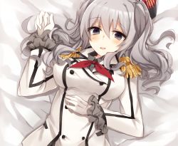 Rule 34 | 10s, 1girl, blue eyes, breasts, female focus, gloves, kantai collection, kashima (kancolle), kinona, large breasts, long hair, lying, military, military uniform, silver hair, solo, twintails, uniform, wavy hair