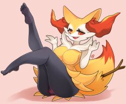 Rule 34 | 1girl, absurdres, animal ear fluff, animal ears, animal nose, artist name, barefoot, black fur, body fur, braixen, breasts, cleft of venus, creatures (company), eyeliner, fang, feet, female focus, fox ears, fox girl, fox tail, full body, fullpillow, furry, furry female, game freak, gen 6 pokemon, half-closed eyes, hands up, happy, highres, knees together feet apart, large breasts, legs, legs up, looking at viewer, makeup, multicolored fur, neck fur, nintendo, no nipples, open mouth, pink background, pokemon, pokemon (creature), pussy, red eyeliner, red eyes, signature, simple background, sitting, smile, snout, soles, solo, stick, tail, thick thighs, thighs, toes, uncensored, white fur, yellow fur