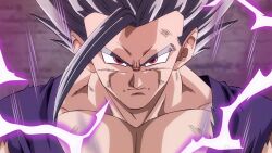Rule 34 | 1boy, absurdres, aura, commentary, dragon ball, dragon ball super, dragon ball super super hero, english commentary, gohan beast, grey hair, highres, lightning, maddnessart, muscular, muscular male, portrait, red eyes, solo, son gohan