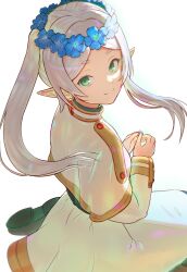 Rule 34 | 1girl, blue flower, capelet, closed mouth, commentary, dangle earrings, earrings, elf, flower, frieren, from side, gold trim, green eyes, head wreath, highres, holding, holding jewelry, holding ring, jewelry, kisaragi edda, long hair, long sleeves, looking at viewer, looking to the side, nemophila (flower), parted bangs, pointy ears, ring, simple background, skirt, smile, solo, sousou no frieren, twintails, white background, white capelet, white hair, white skirt