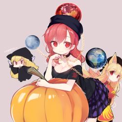 Rule 34 | 3girls, alternate costume, animal ears, bare shoulders, black dress, blonde hair, breasts, chain, chinese clothes, cleavage, clownpiece, collar, dress, earth (ornament), fox ears, hat, head rest, hecatia lapislazuli, junko (touhou), kemonomimi mode, long hair, long sleeves, moon (ornament), multicolored clothes, multicolored skirt, multiple girls, name (oiuio), red eyes, red hair, ribbon, sash, shirt, sketch, skirt, smile, t-shirt, tabard, touhou, very long hair, wide sleeves