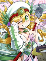 Rule 34 | 1girl, animal, bird, blonde hair, breasts, cat, cleavage, dress, eagle, female focus, freyja (p&amp;d), green eyes, grin, hat, holding, jewelry, large breasts, long hair, necklace, one eye closed, puffy short sleeves, puffy sleeves, puzzle &amp; dragons, short sleeves, smile, solo, staff, tokkyuu mikan