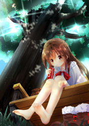 Rule 34 | 1girl, absurdres, barefoot, bench, blush, boots, unworn boots, brown hair, capelet, drinking, drinking straw, feet, from below, highres, legs, long hair, original, red eyes, shoes, unworn shoes, soles, solo, toes, tree, utatanecocoa