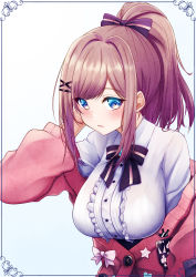 Rule 34 | 1girl, :3, absurdres, black bow, black bowtie, blue background, blush, border, bow, bowtie, breasts, cardigan, center frills, closed mouth, collared shirt, frills, gradient background, hair bow, hair ornament, hairclip, high ponytail, highres, large breasts, long hair, long sleeves, looking at viewer, natu sksp, nijisanji, off shoulder, open cardigan, open clothes, partially unbuttoned, pink cardigan, ponytail, purple eyes, purple hair, shirt, sidelocks, solo, suzuhara lulu, swept bangs, upper body, virtual youtuber, white shirt, x hair ornament