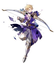 Rule 34 | 1boy, arrow (projectile), blonde hair, boots, bow (weapon), fingerless gloves, fire emblem, fire emblem: the binding blade, fire emblem heroes, full body, gloves, highres, injury, klein (fire emblem), male focus, nintendo, official art, one eye closed, purple eyes, quiver, solo, torn clothes, transparent background, weapon