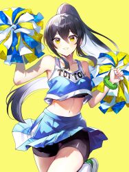 Rule 34 | 1girl, armpits, bare arms, bare shoulders, bike shorts, black hair, black shirt, black shorts, blue shirt, blue skirt, breasts, cheerleader, commission, crop top, crop top overhang, emerane, grin, hands up, highres, holding, holding pom poms, leg up, long hair, looking at viewer, medium breasts, midriff, miniskirt, navel, original, pleated skirt, pom pom (cheerleading), pom poms, ponytail, scrunchie, shirt, short shorts, shorts, shorts under skirt, simple background, skeb commission, skirt, sleeveless, sleeveless shirt, smile, socks, solo, stomach, undershirt, very long hair, wrist scrunchie, yellow background, yellow eyes
