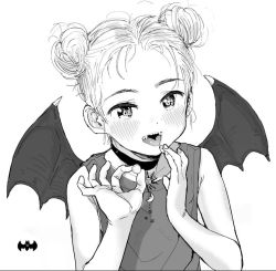 Rule 34 | 1girl, :d, bad id, bad twitter id, bat wings, blush, child, choker, dot nose, double bun, fangs, fingernails, greyscale, hands up, inactive account, looking at viewer, masuda (yousaytwosin), monochrome, open mouth, original, shirt, simple background, smile, solo, upper body, vampire, white background, wings