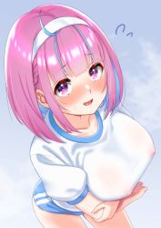 Rule 34 | 1girl, blue hair, blush, breasts, collarbone, covered erect nipples, from above, gym shirt, gym shorts, headband, highres, hololive, large breasts, looking at viewer, minato aqua, multicolored hair, open mouth, pink eyes, pink hair, shirt, short shorts, shorts, smile, solo, streaked hair, sweatdrop, virtual youtuber, white shirt, zabudog777