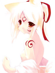 Rule 34 | 1girl, albino, amaterasu (ookami), animal ears, bare shoulders, bodypaint, breasts, nipples, ookami (game), personification, red eyes, ribbon, ritsuki, small breasts, solo, undressing, white hair, wolf ears