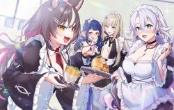 4girls ama_(pixiv_50406250) amanogawa_shiina animal_ears apron aqua_eyes black_dress blonde_hair blue_eyes blue_hair blush breasts brown_eyes brown_hair chisaka_airi cleavage colored_inner_hair dizzy_dokuro dress food grey_hair hair_between_eyes hair_ornament hairclip holding holding_plate jewelry key key_necklace large_breasts long_hair long_sleeves maid maid_headdress multicolored_hair multiple_girls necklace necktie open_mouth phase_connect pink_hair plate pointy_ears red_eyes red_necktie scissors_hair_ornament shisui_michiru_(phase_connect) short_necktie small_breasts virtual_youtuber white_apron white_hair wide_sleeves wolf_ears wolf_girl