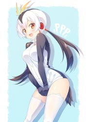 Rule 34 | 10s, 1girl, :d, :s, bird tail, black gloves, black hair, blue background, blush, breasts, clothes pull, covering crotch, covering privates, cowboy shot, drawstring, gloves, group name, headphones, highres, jacket, jacket pull, kazuma (kazumav), kemono friends, long hair, long sleeves, looking at viewer, low twintails, medium breasts, multicolored hair, open mouth, pink hair, red eyes, royal penguin (kemono friends), shiny skin, simple background, smile, solo, standing, tail, tareme, thighhighs, track jacket, twintails, v arms, white hair, white jacket, white thighhighs