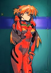 Rule 34 | 1girl, bodysuit, breasts, breasts apart, cowboy shot, curvy, hair between eyes, hand up, highres, impossible bodysuit, impossible clothes, long hair, looking away, medium breasts, multicolored bodysuit, multicolored clothes, neon genesis evangelion, optionaltypo, orange hair, pilot suit, plugsuit, red bodysuit, shiny clothes, signature, solo, souryuu asuka langley, twintails