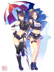 Rule 34 | 10s, 2girls, alternate costume, bare legs, bare shoulders, black gloves, black legwear, blush, boots, breasts, closed umbrella, contrapposto, crop top, detached sleeves, eyepatch, full body, gloves, grin, hand on own hip, highres, horosuke, kantai collection, large breasts, legs, looking at viewer, md5 mismatch, microskirt, midriff, mole, mole under eye, multiple girls, navel, necktie, parted lips, purple eyes, purple hair, race queen, short hair, short shorts, shorts, simple background, skirt, smile, standing, tatsuta (kancolle), tenryuu (kancolle), thigh strap, thighhighs, umbrella, white background, yellow eyes