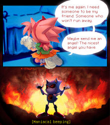 Rule 34 | 1boy, 1girl, 2koma, 9474s0ul, amy rose, animal ears, arms up, bed, comic, english text, fire, from behind, furry, furry female, gloves, green shirt, highres, kneeling, lilo &amp; stitch, metal sonic, orange skirt, own hands clasped, own hands together, parody, praying, puffy short sleeves, puffy sleeves, red eyes, robot, shirt, shoe soles, shoes, short sleeves, skirt, sonic (series), sonic the hedgehog (classic), speech bubble, standing, tail, white gloves