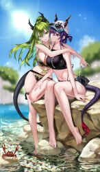 Rule 34 | 2girls, absurdres, arknights, bare legs, barefoot, baseball cap, bikini, black bikini, blurry, bottle, ch&#039;en (arknights), closed mouth, crab, day, depth of field, dragon horns, dragon tail, eyewear on headwear, full body, green hair, hair between eyes, halterneck, hand on another&#039;s thigh, hat, highres, holding, holding bottle, horns, horns through headwear, lens flare, long hair, micro shorts, multiple girls, navel, original, outdoors, ponytail, pouring onto another, purple hair, red eyes, ringeko-chan, rock, shorts, sitting, sitting on rock, standing, stomach, sunglasses, swimsuit, tail, thigh strap, water