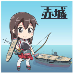 Rule 34 | 10s, 1girl, aircraft carrier, akagi (kancolle), bad id, bad pixiv id, character name, day, historical name connection, japanese clothes, kantai collection, looking at viewer, military, military vehicle, monochrome, name connection, object namesake, ocean, pleated skirt, shiden (sashimi no wife), ship, skirt, sky, solo, thighhighs, warship, watercraft, zettai ryouiki