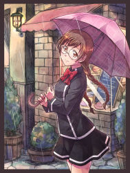 Rule 34 | 1girl, border, bow, braid, brown eyes, brown hair, clala, e20, glasses, holding, long hair, looking at viewer, plant, potted plant, quiz magic academy, school uniform, skirt, smile, solo, twin braids, umbrella
