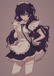 Rule 34 | apron, blue eyes, character request, dated, deg (deguana), dress, frilled apron, frilled dress, frilled hairband, frills, hairband, highres, idolmaster, idolmaster cinderella girls, long hair, looking at viewer, maid apron, maid headdress, purple background, short sleeves, simple background, solo, white apron