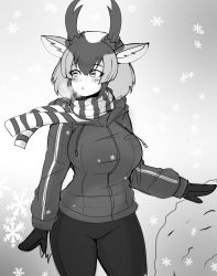 Rule 34 | 1girl, :o, alternate costume, animal ear fluff, animal ears, blush, breasts, breath, cleft of venus, cold, cold weather, cowboy shot, eyelashes, female focus, gloves, greyscale, highres, horns, jacket, kemono friends, large breasts, looking away, monochrome, nanoder, open mouth, outdoors, pants, pronghorn (kemono friends), scarf, short hair, snow, snowflakes, snowing, solo, square pupils, standing, tail, thighs, upper body