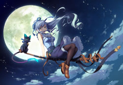 Rule 34 | 1girl, absurdres, animal, arm support, bare arms, blue hair, boots, breasts, cat, closed mouth, cloud, deep one (game), feet, floating hair, full body, full moon, game cg, green eyes, high ponytail, highres, legs, long hair, looking at viewer, medium breasts, midair, moon, natsuhiko, night, original, outdoors, pantyhose, ponytail, sitting, skirt, sky, sleeveless, smile, staff, tail, thighs, very long hair, yuuki kasumi