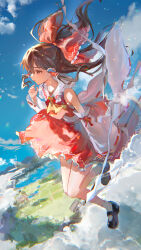 Rule 34 | 1girl, above clouds, absurdres, ascot, bare shoulders, black footwear, blue sky, bow, brown eyes, brown hair, cloud, commentary request, detached sleeves, frilled bow, frilled skirt, frills, full body, gohei, hair bow, hakurei reimu, hand up, highres, holding, holding gohei, kikinoki, long hair, open mouth, outdoors, red bow, red skirt, red vest, ribbon-trimmed sleeves, ribbon trim, shoes, skirt, sky, socks, solo, touhou, vest, white socks, wide sleeves, yellow ascot