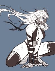 Rule 34 | armor, bandages, blue eyes, breasts, c.nano, collar, high heels, large breasts, looking to the side, mask, original, scar, simple background, solo, squatting, thighhighs, white hair