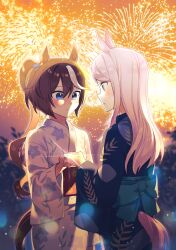 Rule 34 | 2girls, absurdres, blue eyes, blue kimono, blurry, blush, brown hair, closed mouth, clothing cutout, cowboy shot, fireworks, glint, habsida (habsida hpy), highres, holding hands, japanese clothes, jewelry, kimono, korean commentary, lens flare, long hair, long sleeves, mejiro mcqueen (umamusume), mixed-language commentary, multiple girls, night, obi, outdoors, parted lips, ponytail, purple eyes, purple hair, ring, sash, sideways mouth, standing, tail, tail through clothes, tokai teio (umamusume), umamusume, white kimono, yukata, yuri