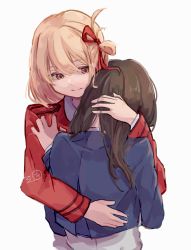 Rule 34 | 2girls, absurdres, black hair, blonde hair, closed mouth, commentary request, hair ribbon, highres, hug, inoue takina, long hair, long sleeves, looking at another, lycoris recoil, lycoris uniform, mikuni144, multiple girls, nishikigi chisato, red eyes, red ribbon, ribbon, short hair, simple background, two-tone dress, upper body, white background