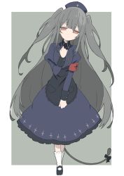 Rule 34 | 1girl, absurdres, apron, armband, bad id, bad twitter id, black dress, black hat, closed mouth, cross, donguri suzume, dress, fake tail, full body, green background, grey hair, hat, highres, indie virtual youtuber, jitome, long hair, long sleeves, looking at viewer, mary janes, minai karte, no pupils, nurse cap, puffy sleeves, red eyes, ribbon, shoes, simple background, socks, solo, tail, two side up, very long hair, virtual youtuber, white socks
