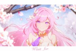 Rule 34 | 1girl, :d, absurdres, bare shoulders, blue sky, blurry, blurry foreground, cherry blossoms, dress, elf, elysia (herrscher of human:ego) (honkai impact), elysia (honkai impact), euzh266, grin, hair ornament, highres, honkai (series), honkai impact 3rd, long hair, looking at viewer, open mouth, outdoors, petals, pink eyes, pink hair, pointy ears, sky, smile, solo, teeth, very long hair, white dress