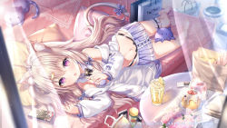 Rule 34 | 1girl, :o, ahoge, animal ear fluff, animal ears, bad id, bad pixiv id, bandeau, bare shoulders, black panties, bow, bowtie, cake, cat ears, couch, cup, curtains, detached collar, drinking glass, fang, food, hair ornament, hairclip, highleg, highleg panties, indie virtual youtuber, jacket, bridal garter, long hair, long sleeves, looking at viewer, lying, midriff, miniskirt, navel, off shoulder, on couch, on side, open clothes, open jacket, open mouth, panties, pleated skirt, purple eyes, purple skirt, sannio, skirt, solo, stomach, strapless, string panties, table, tail, tail bow, tail ornament, thighs, tube top, underwear, virtual youtuber, white jacket