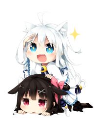 Rule 34 | + +, 2girls, :3, ahoge, animal ears, bell, black hair, blue eyes, blush, boots, bow, capelet, cat ears, cat tail, crescent, crescent pin, dress, ears down, fang, frilled dress, frills, full body, hair bow, hair ornament, highres, horse ears, horse girl, long hair, long sleeves, lying, multiple girls, multiple tails, on stomach, open mouth, original, pantyhose, pink eyes, ribbon, satou saya, shoes, sitting, sitting on person, smile, sparkle, striped clothes, striped pantyhose, tail, tail bell, tail ornament, tail ribbon, transparent background, two tails, v-shaped eyebrows, vertical-striped clothes, vertical-striped pantyhose, white hair, x hair ornament