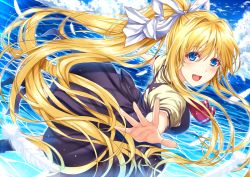 Rule 34 | 00s, 1girl, air (visual novel), blonde hair, blue eyes, cloud, feathers, kamio misuzu, long hair, morizono shiki, open mouth, outstretched arms, ponytail, school uniform, solo, very long hair, water